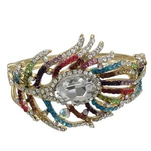 Multicolor Peacock Feather Rhinestone Statement Gold Hinged Bangle Bracelet